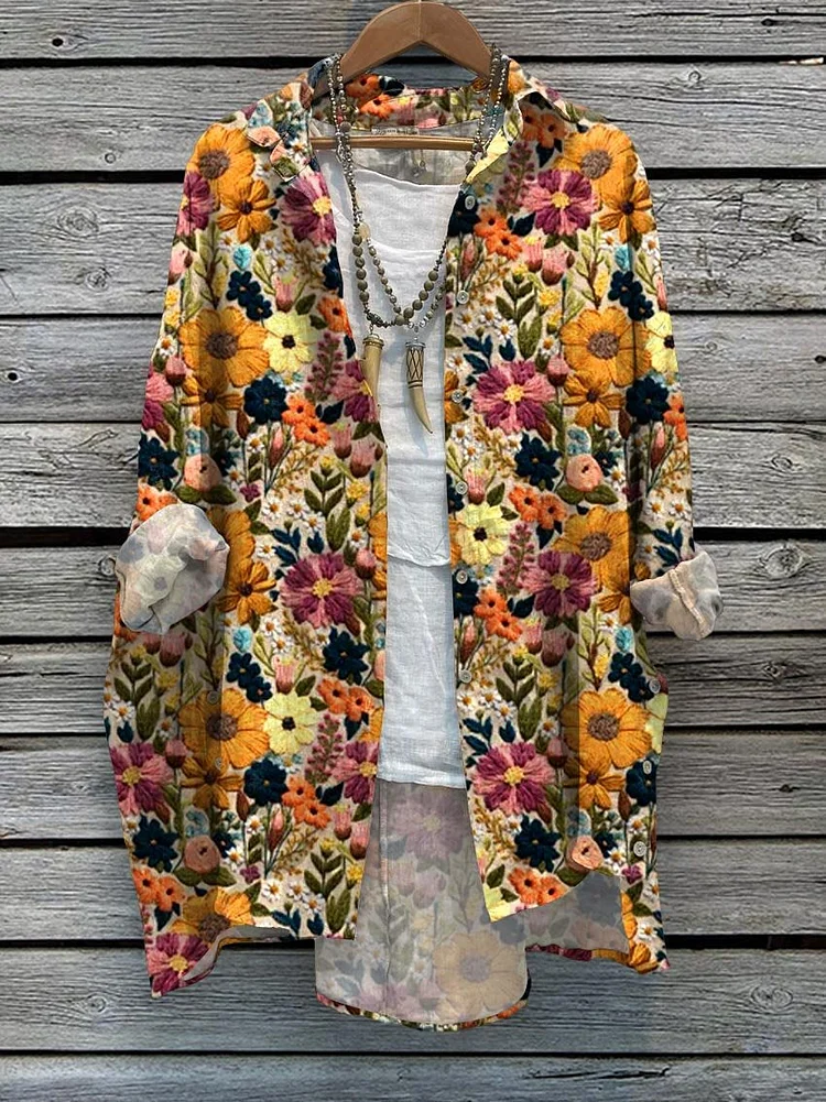 Women's  Flowers Print Casual Cotton And Linen Shirt