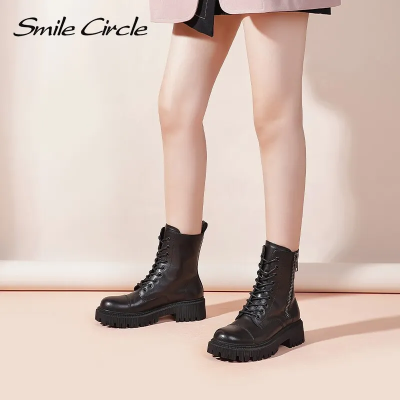 Smile Circle Motorcycle Boots To the calf Women shoes Genuine Leather Boots Fashion Platform Side zipper Ladies Booties