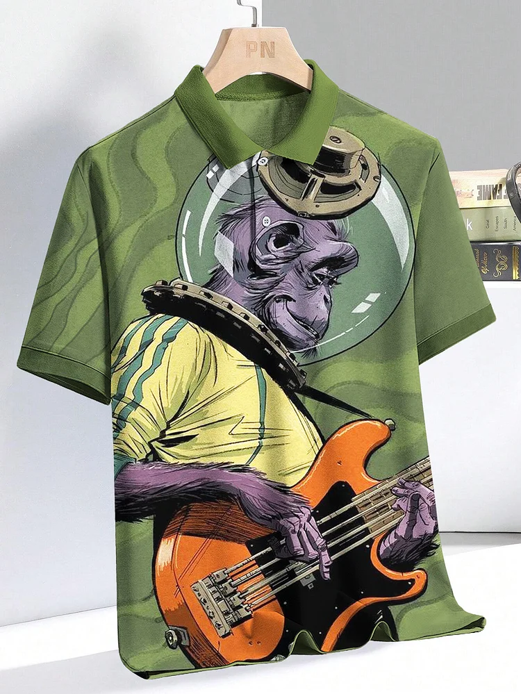 Men's Monkey Playing Guitar Art Print Short Sleeve Shirt