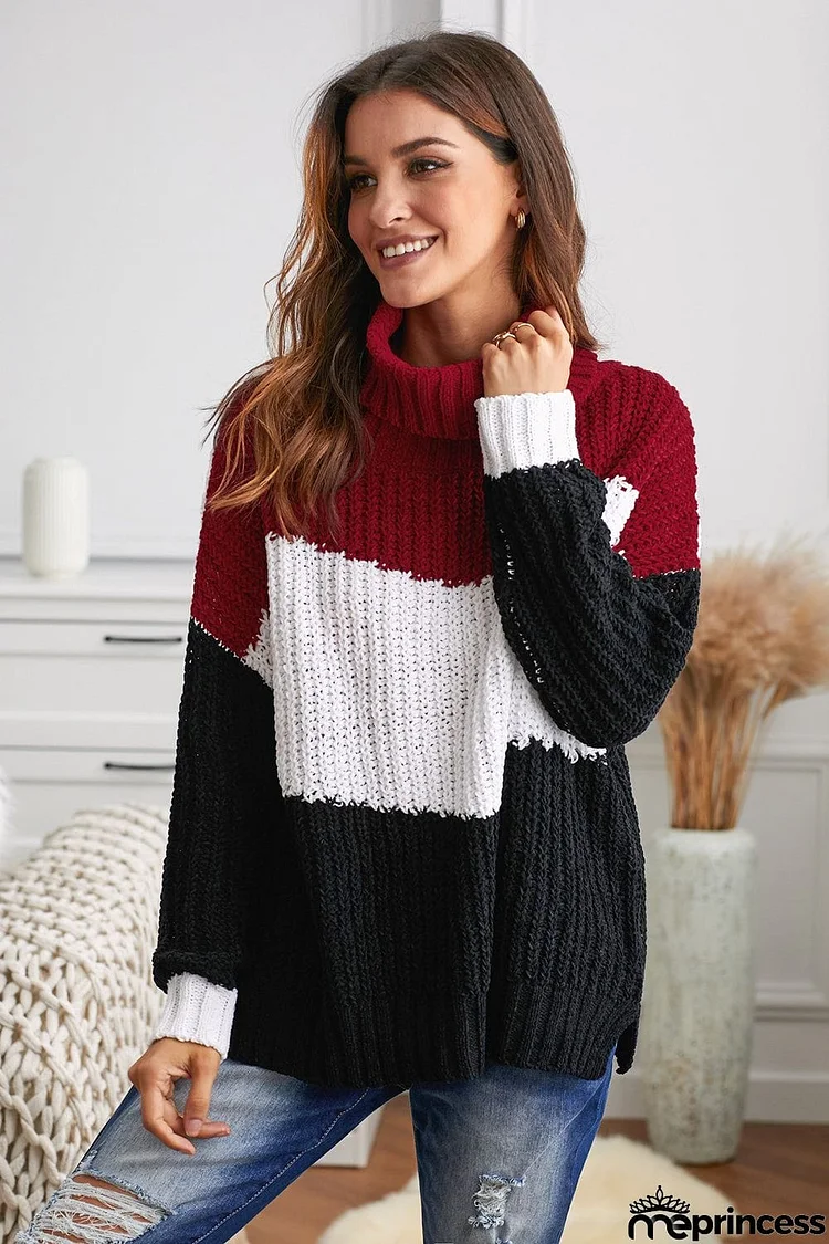 Cowl Neck Colorblock Cable Knit Sweater