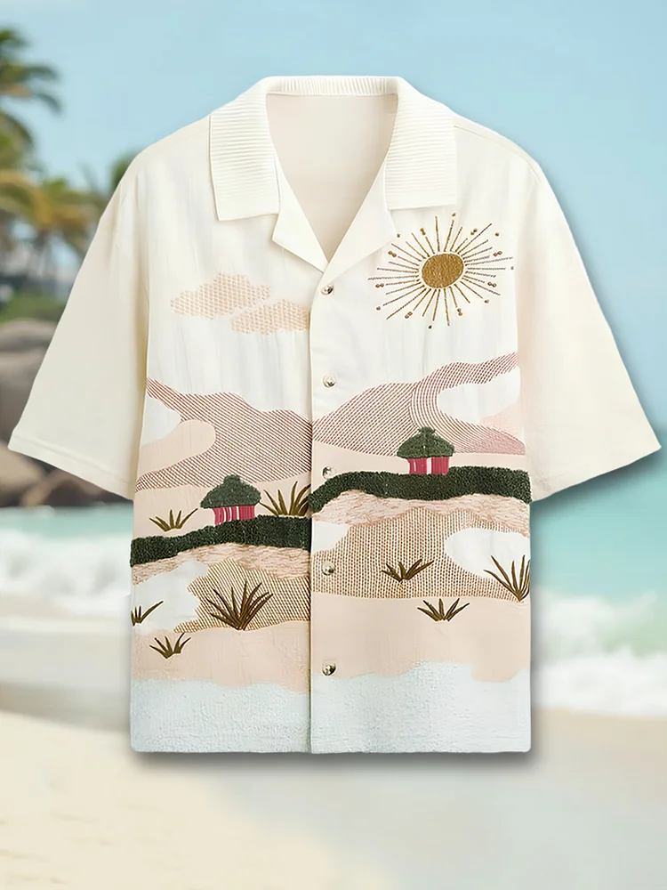 Men's Village Scenery Embroidery Art Print Shirt