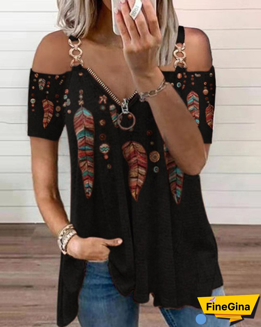 Summer New Fashion Women's Feather Printed Metal Strap Zipper V-neck Casual Strapless Short Sleeve Top Loose Plus Size Soft and Comfortable Summer T Shirt Shirt XS-5XL