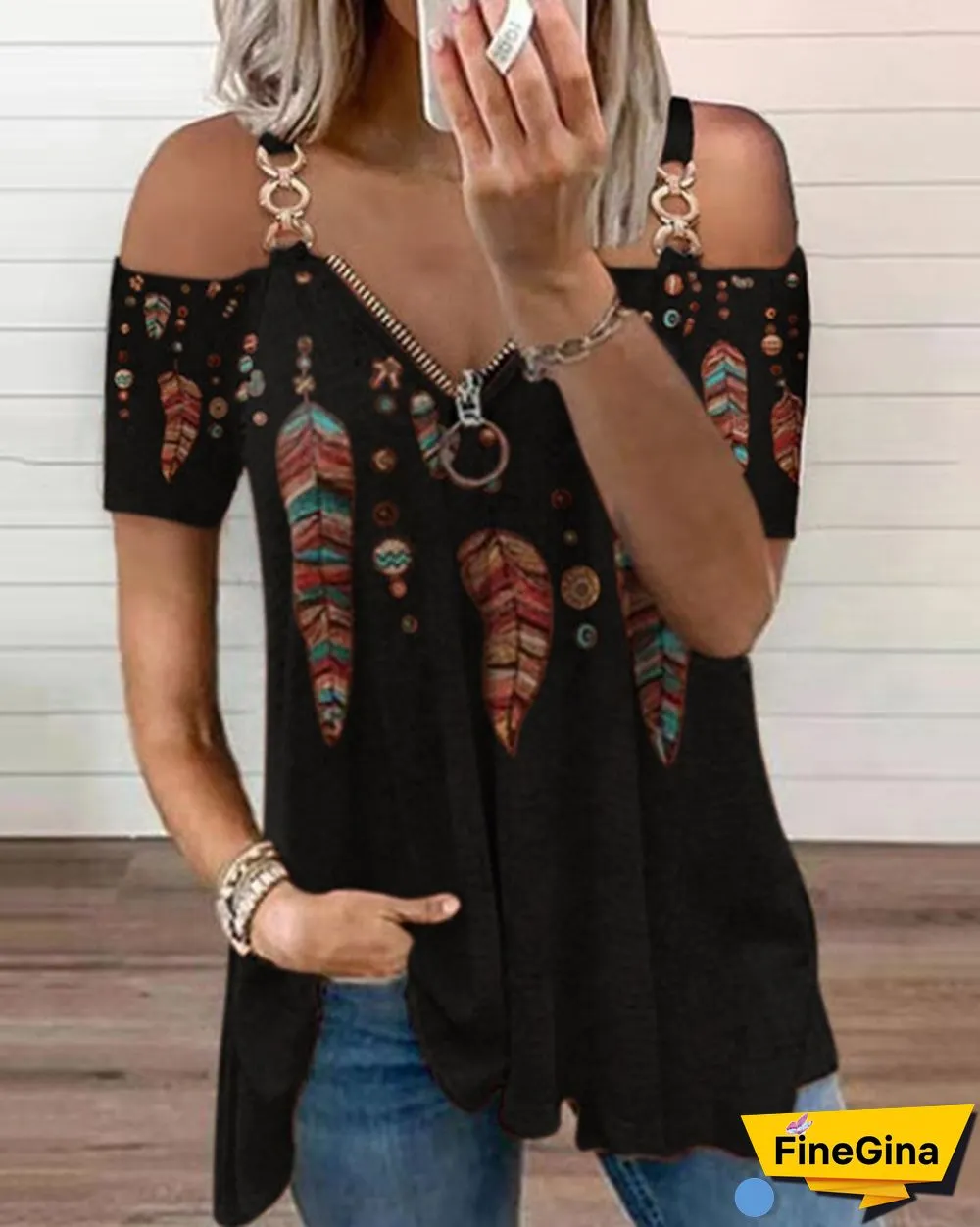 Summer New Fashion Women's Feather Printed Metal Strap Zipper V-neck Casual Strapless Short Sleeve Top Loose Plus Size Soft and Comfortable Summer T Shirt Shirt XS-5XL