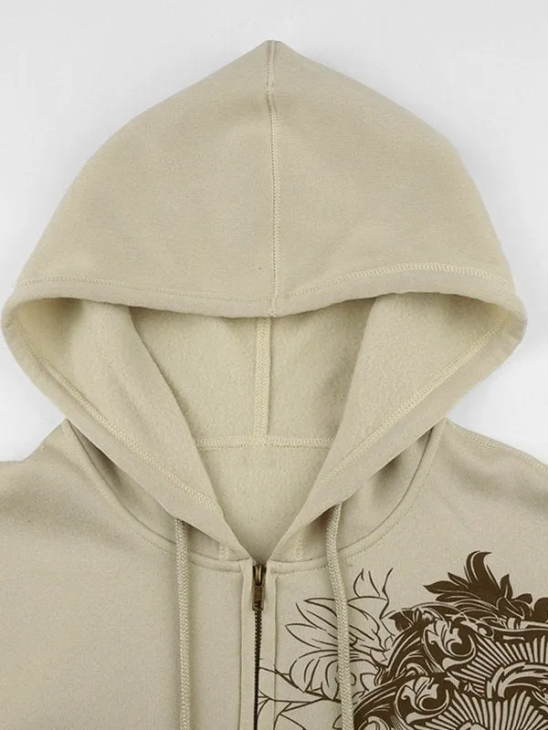 Brownm khaki zip-up hoodie with floral graphics