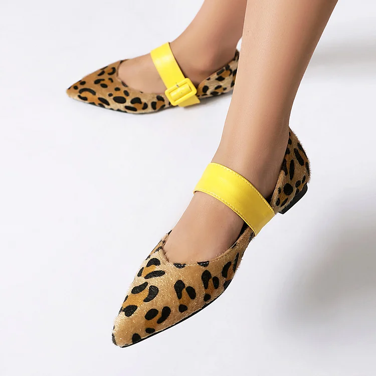 Floral Leopard Print Instep Strap Buckle Pointed Toe Flats