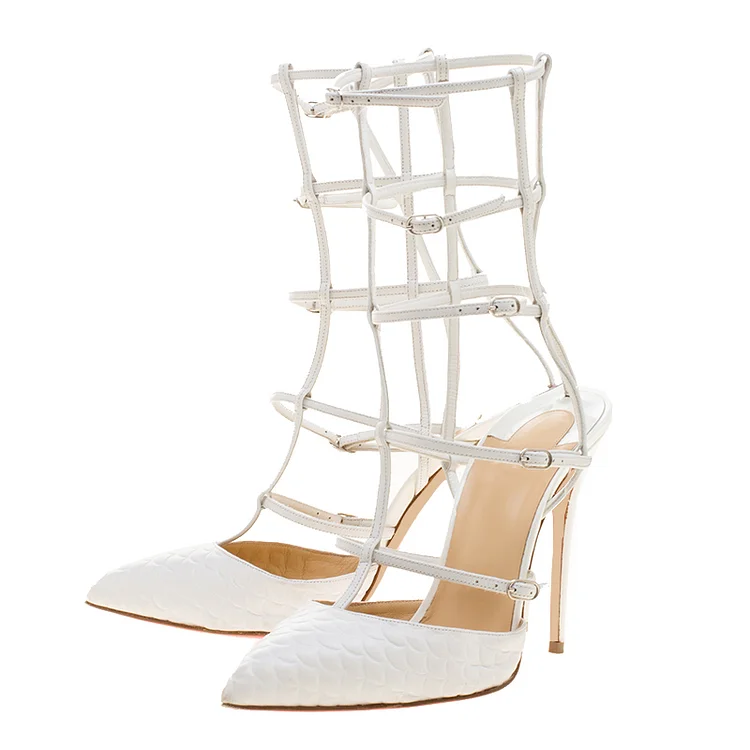 White Gladiator Heels Snake Skin Stiletto Heel Closed Toe Sandals |FSJ Shoes