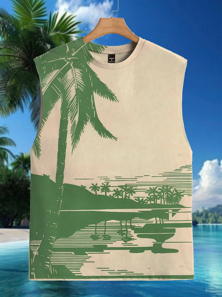 Men's Vacation Palm Trees Lines Art Printed Tank Top