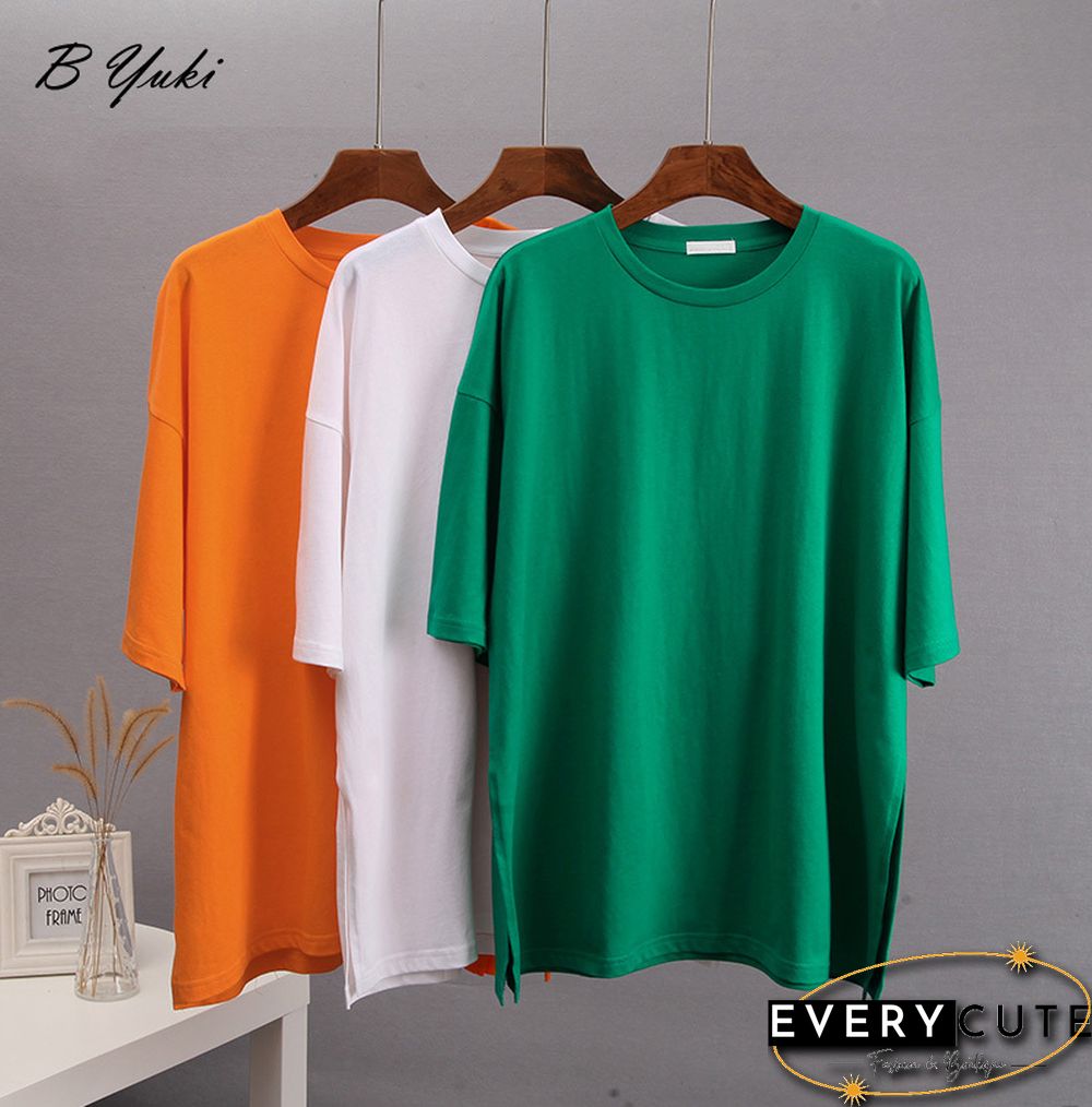 Blessyuki Summer Oversized T Shirt Women New 100% Cotton Soft Casual Chic Tees Female Casual Split Solid Basicharajuku Tops