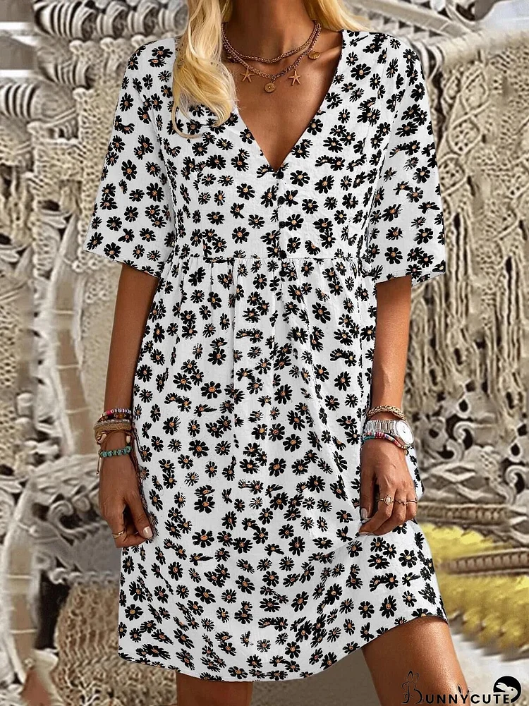 Loose V-neck Floral Print Mid Sleeve Dress for Women