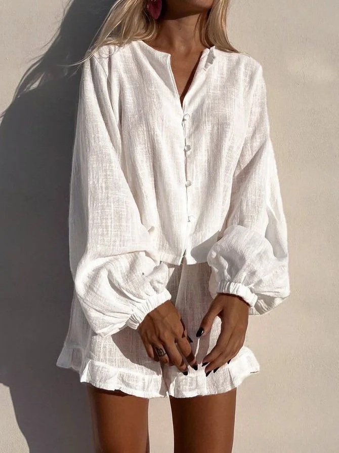 Women's 2024 Two Piece Set 100% Cotton Long Sleeve Solid Shirt and Ruffled Short Pants