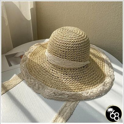 Women's Floppy Lace Striped Hollow Bucket Straw Foldable Sun Hats | 168DEAL