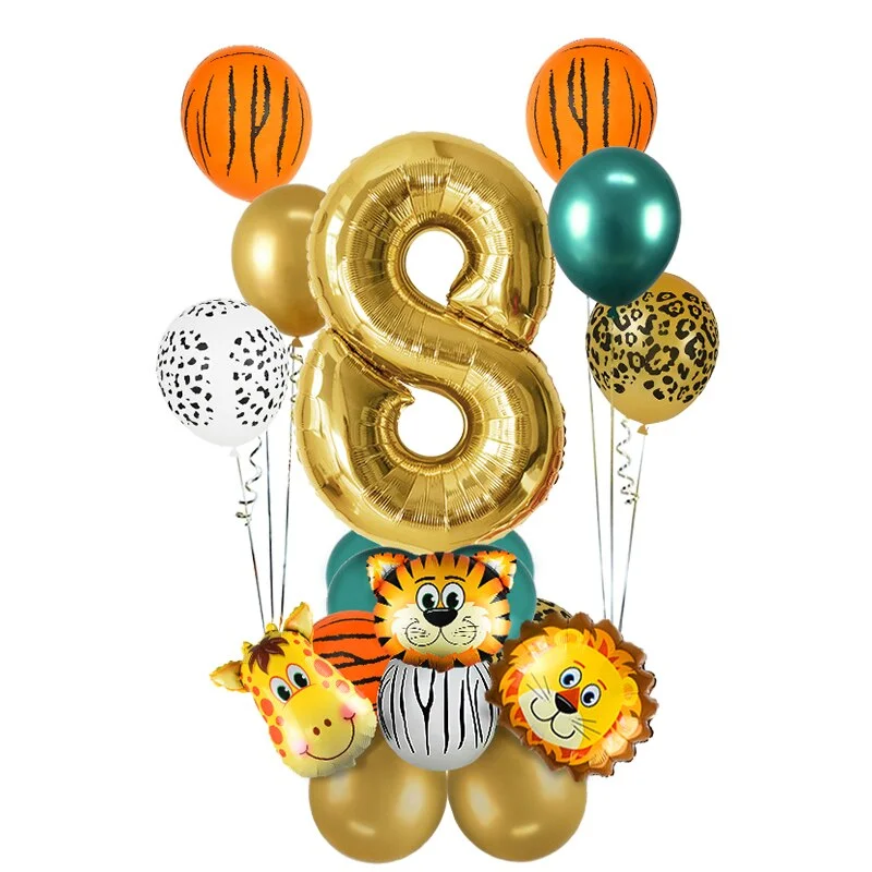 18Pcs Jungle Animal Balloons Set Chrome Metallic Latex Balloon 32inch Gold Number Globos Kids Birthday Party Baby Shower Decor