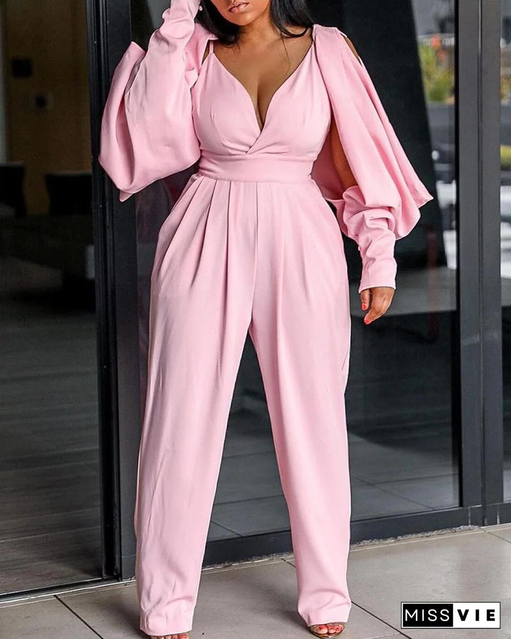 Lantern Sleeve Cutout Ruched Plunge Jumpsuit