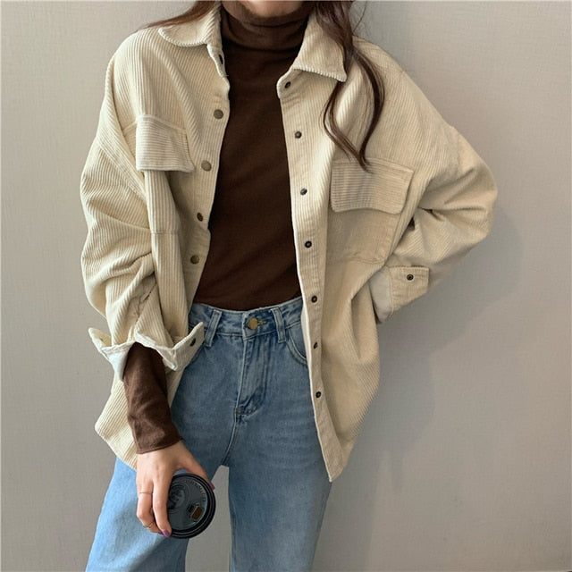 LANFUBEISI Spring New Women Solid Corduroy Shirts Jackets Full Sleeve Turn-Down Collar Oversize Coats Casual Autumn Basic Outwear LANFUBEISI