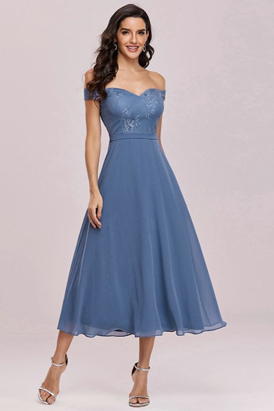 Off-the-Shoulder Dusty Blue Lace Evening Gown - lulusllly