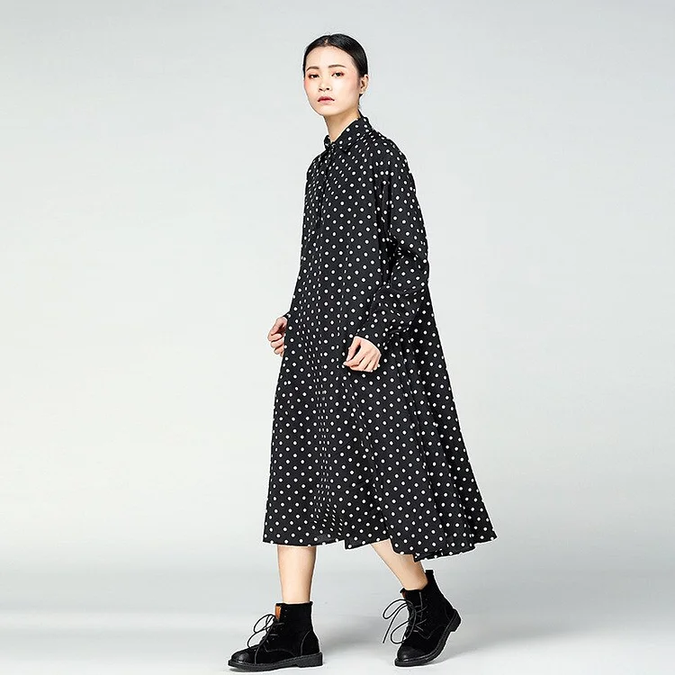 Vintage Loose Turn-down Collar Dot Long Sleeve Dress   