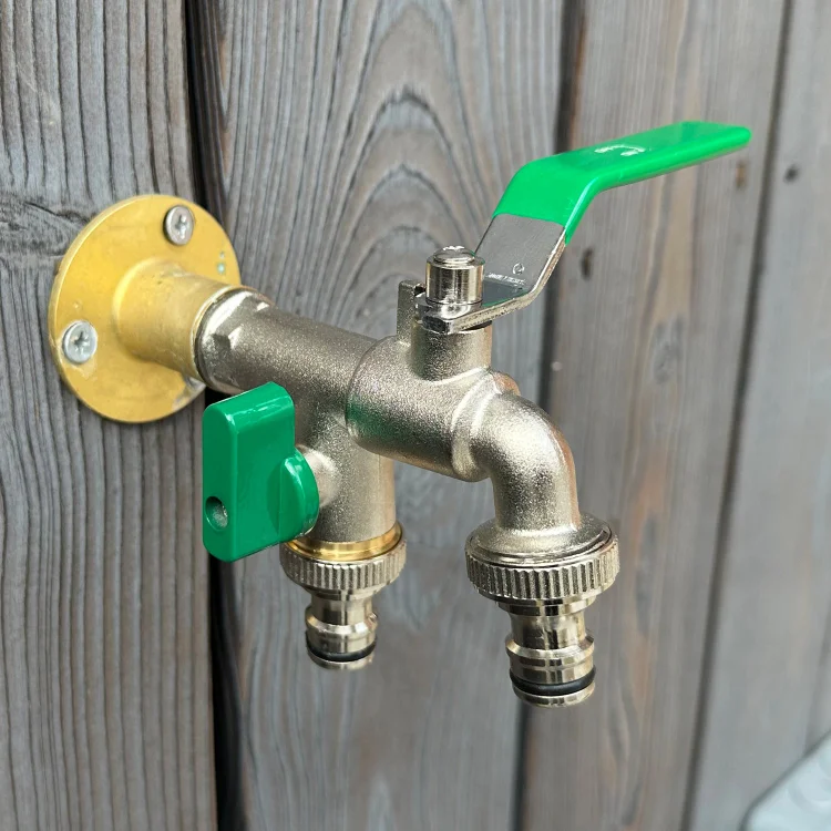  Brass Nickel Plated &frac12; Double Outlet Garden Tap, 2 x &frac34;" Hose Connectors