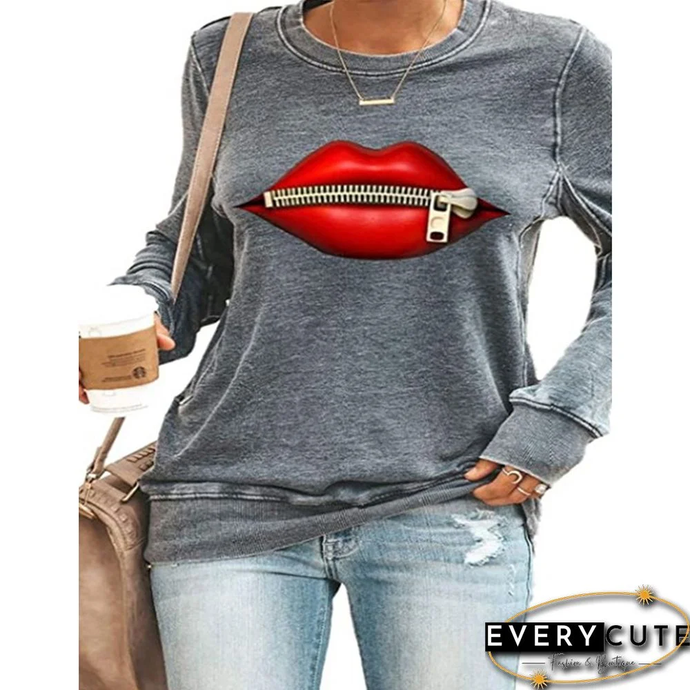 Red Lip Print Long Sleeve Sweatshirt In Gray