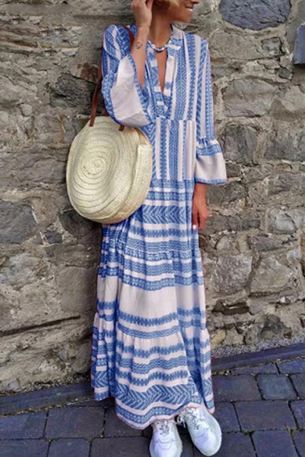 Womens Relaxed Geometric Print V Dress-Allyzone-Allyzone