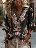 Women's Vintage Rose Embroidery Art Comfy Linen Shirts - Image 3