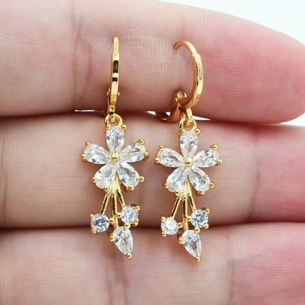 Luxury 925 Silver Post Gold Plated Earrings Set with White Zircon Flowers Drop Earrings for Women