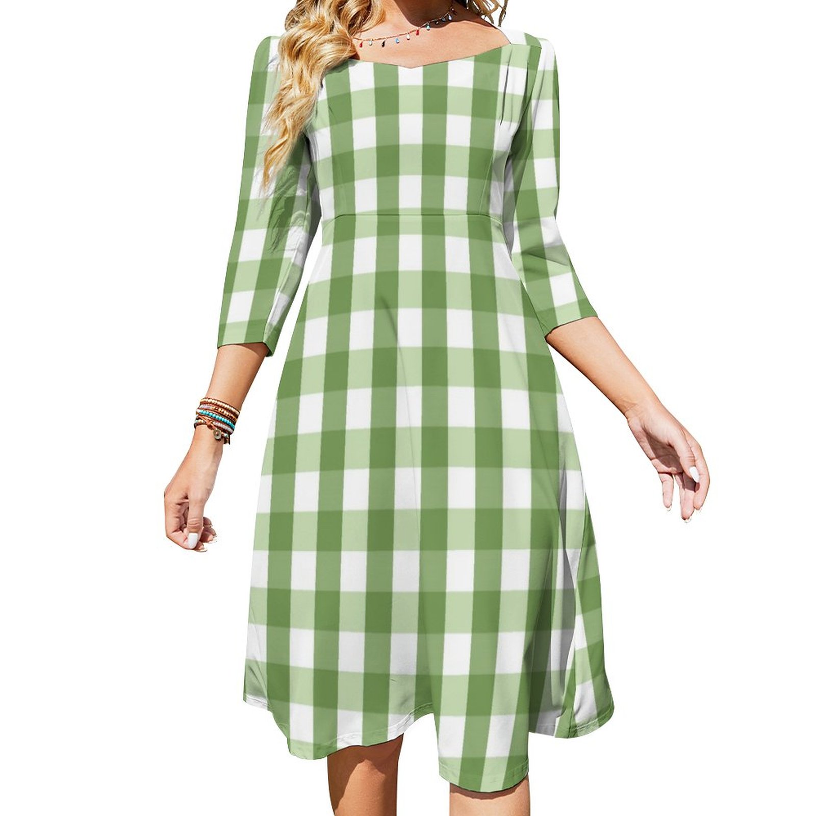 Olive Green Gingham Plaid Trendy Pattern Dress Sweetheart Tie Back Flared 3/4 Sleeve Midi Dresses