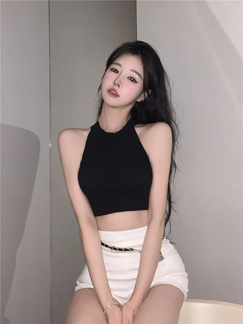 Uveng Uveng Chic New Knitted Neck Vest Slings Sweet Spicy Outer Wear Short Bottom Shirt Thin Top Lady