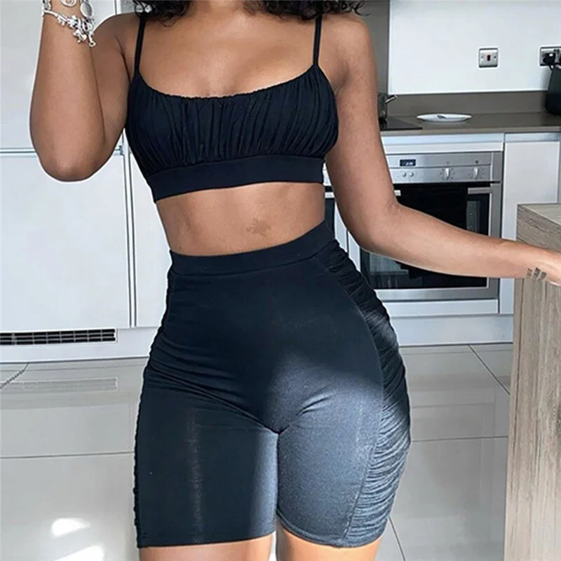 2020 Summer Women Neon Color Two Pieces Set Off Shoulder Hollow Out Crop Top Elastic High Waist Shorts Outfit Tracksuit