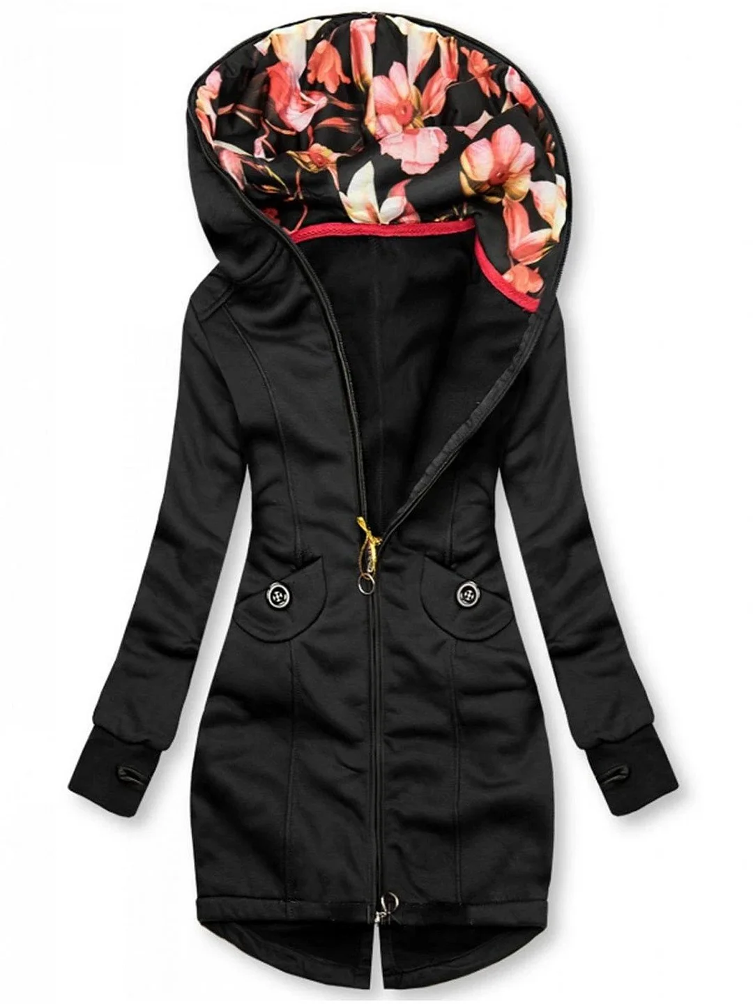 Black Hoodie Long Sleeve Shift Cotton Outerwear