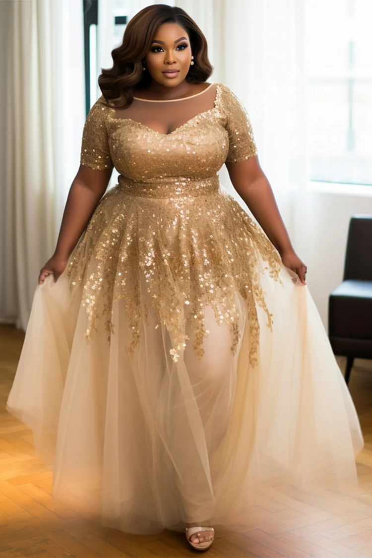 Xpluswear Design Plus Size Evening Gowns Gold Round Neck Short Sleeve Sequin Maxi Dresses Xpluswear