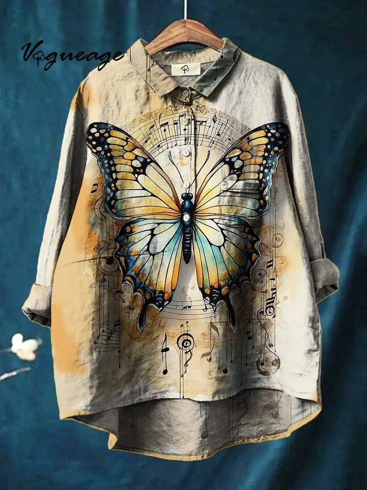 Fashion Design Elegant Butterfly Sheet Music Print Cotton And Linen Shirt