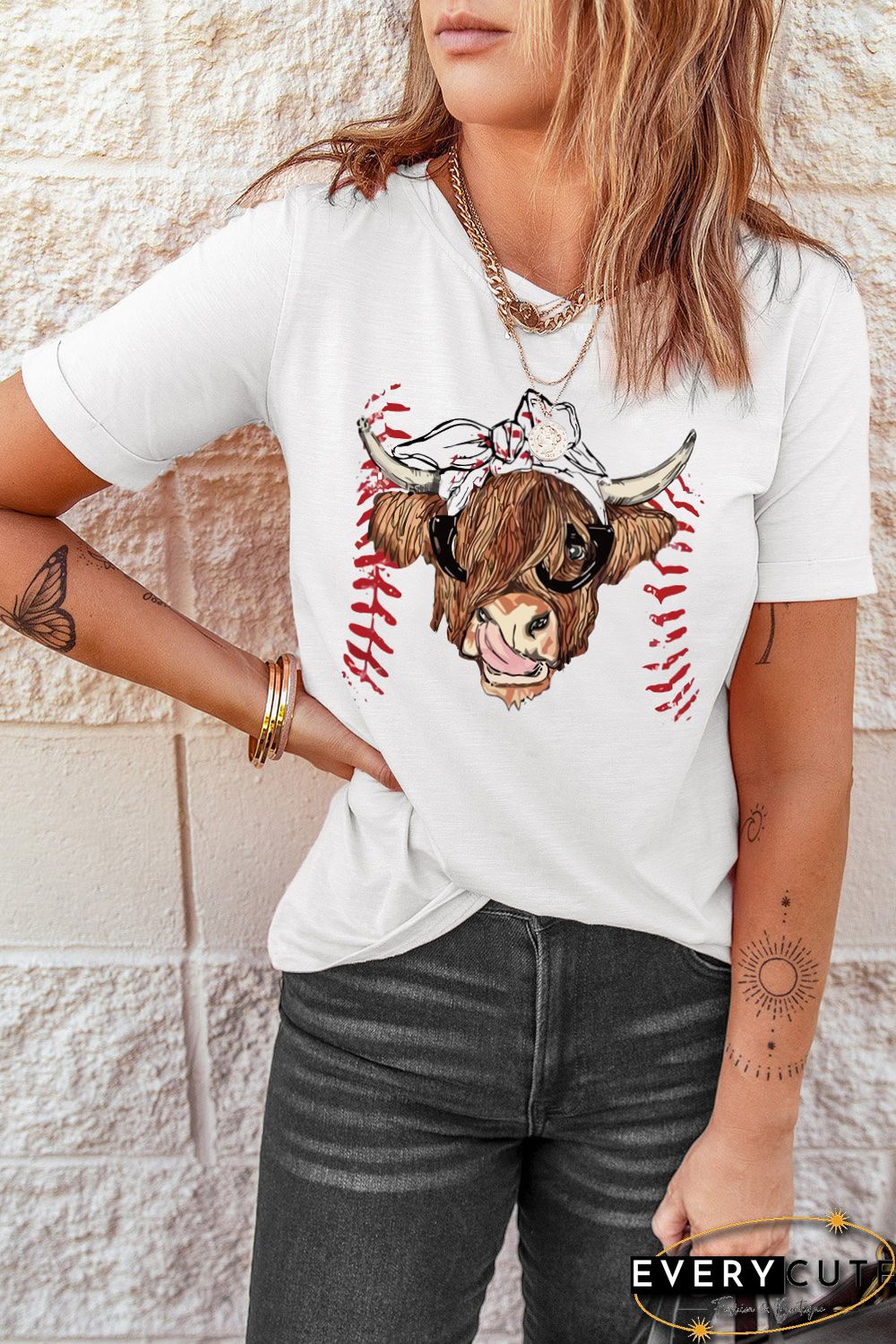 White Western Cow Head Baseball Print Graphic T Shirt