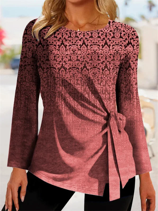 Women's Lace-up Gradient Printed Scoop Neck Long Sleeve Top
