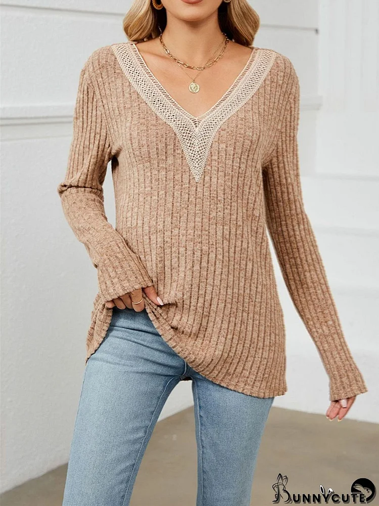 Women's Stitching Lace Solid Color Stitching V-neck Long Sleeve Top