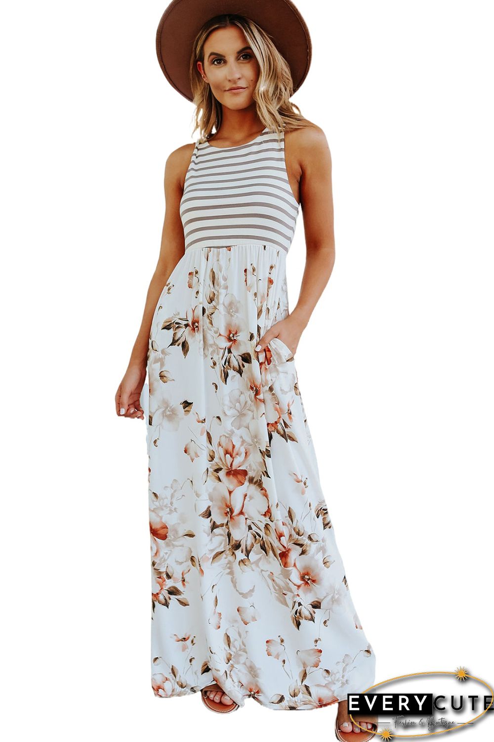White Striped Floral Print Sleeveless Maxi Dress with Pocket