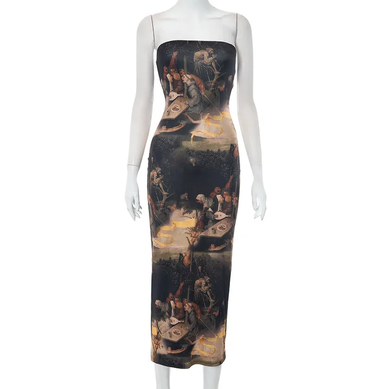 Googlygenius fall 2025 fashion trends Strapless Backless Sexy Y2K Print Party Club Birthday Midi Dress Outfits Women Summer Streetwear Bodycon Sleeveless Dresses 2025