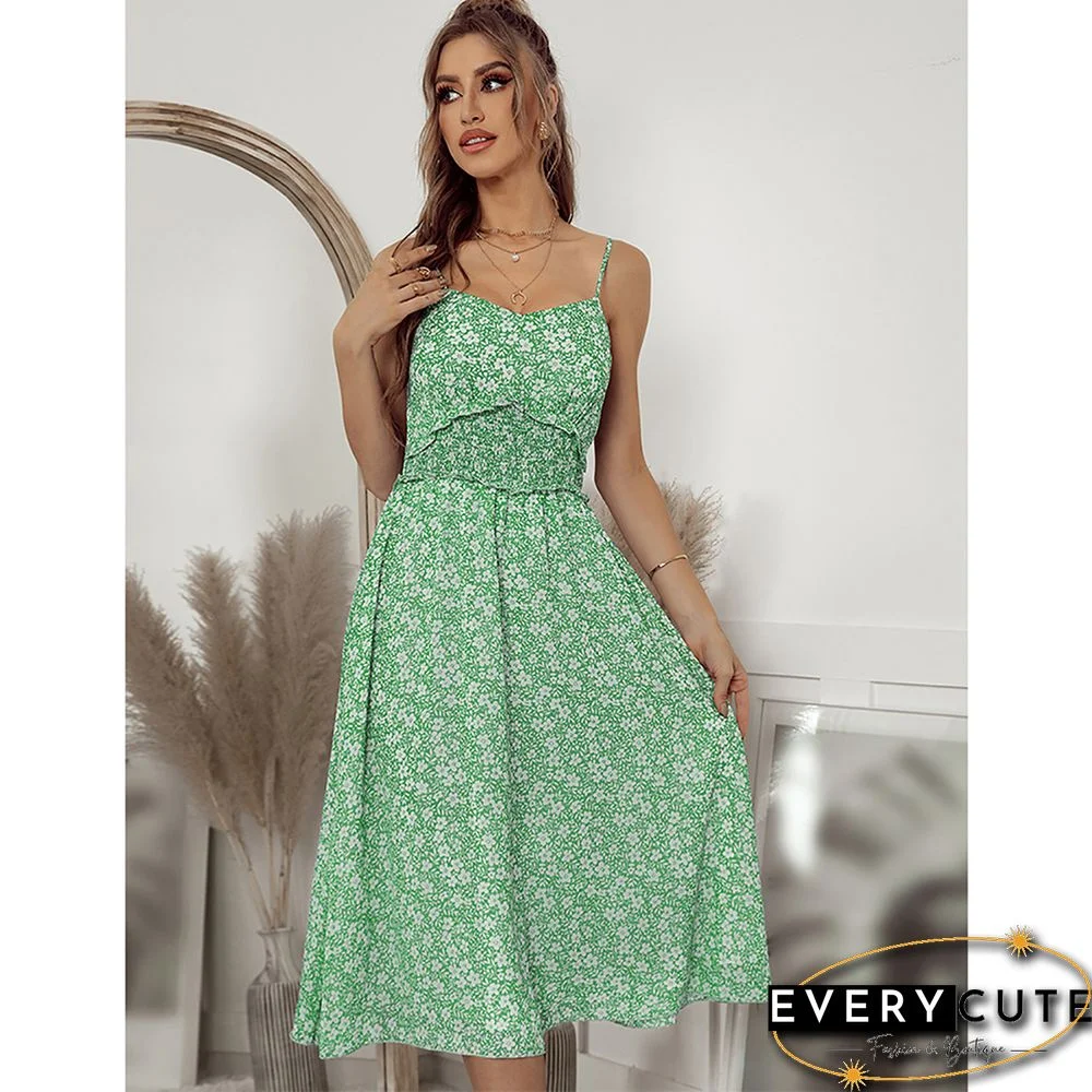 Light Green Ruffle Detail Spaghetti Straps Floral Dress