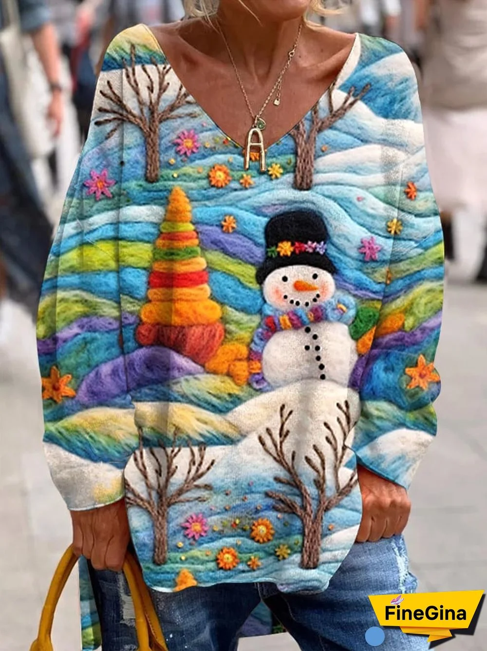Women's Christmas Snowman Print French Cashmere V-Neck Top