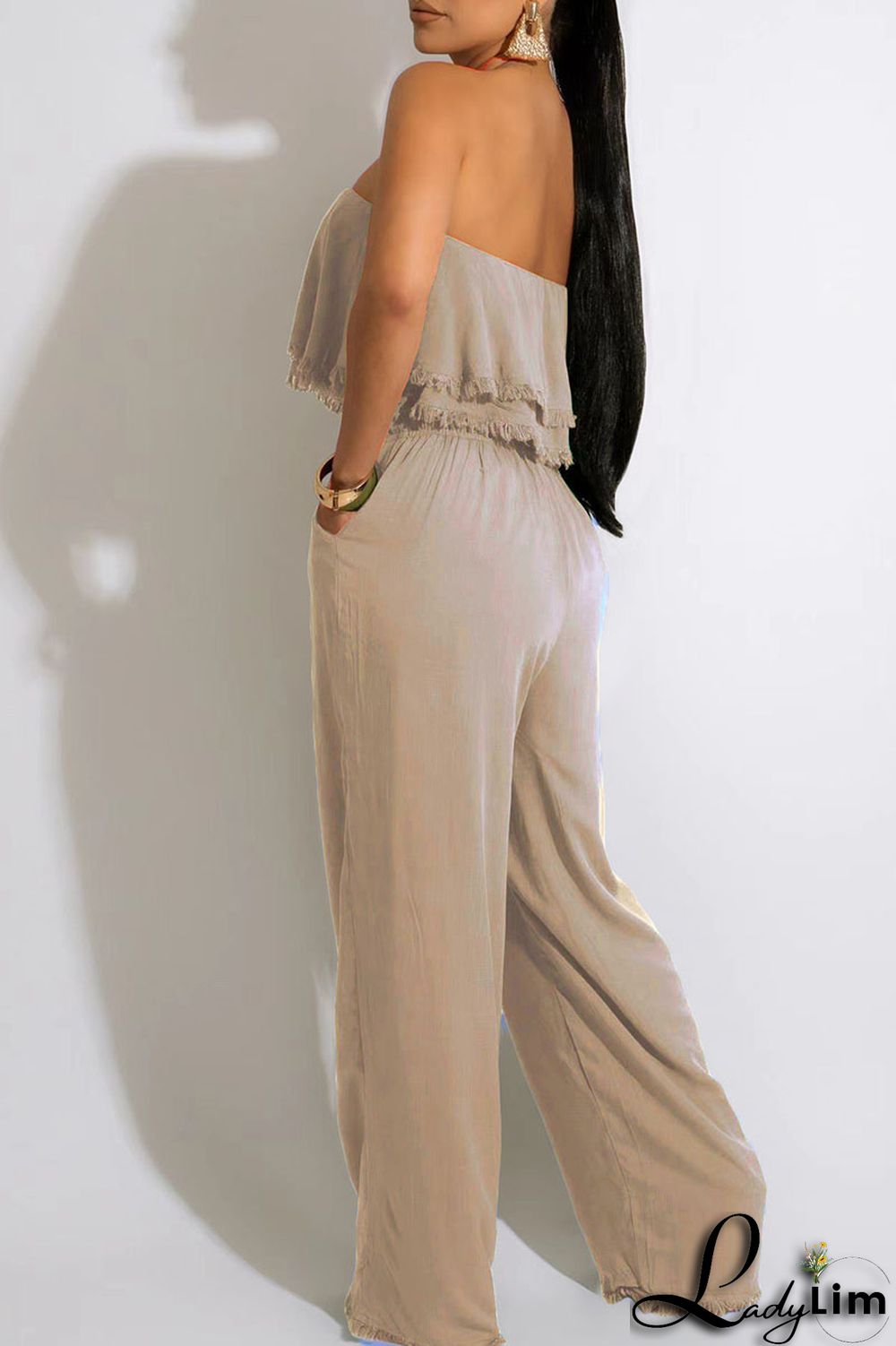 White Casual Solid Patchwork Strapless Straight Jumpsuits