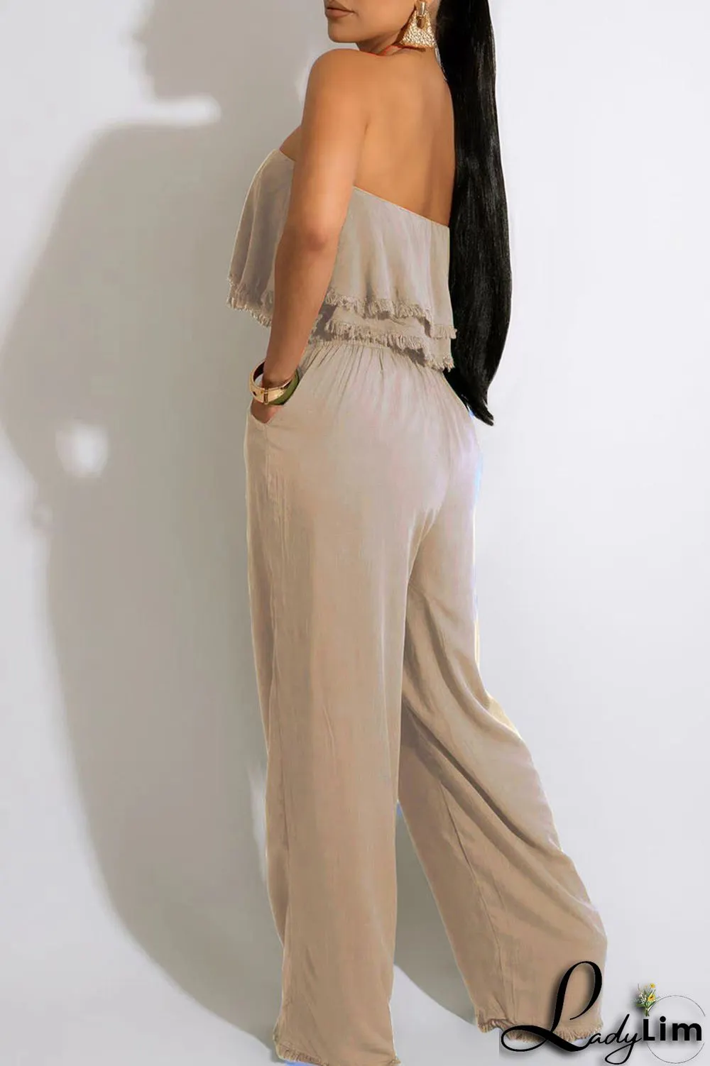 White Casual Solid Patchwork Strapless Straight Jumpsuits