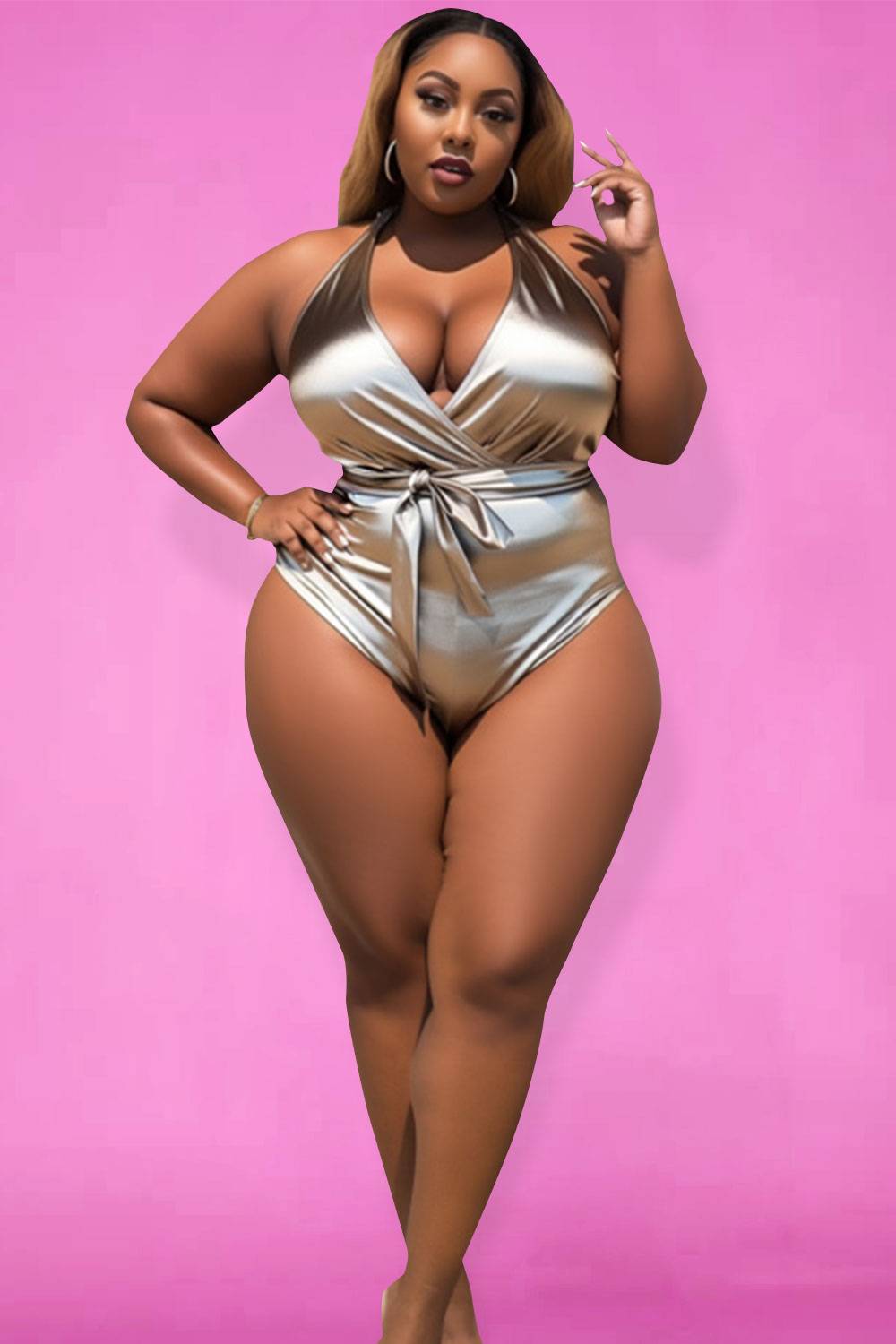 Design Plus Size Beach Silver Wrap Neck Swimsuit Fabric One Pieces Swimwear [Pre-Order]