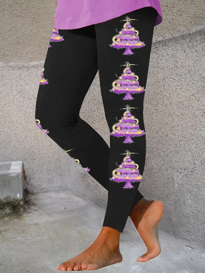 Women's Purple Christmas Tree Print Stretch Leggings
