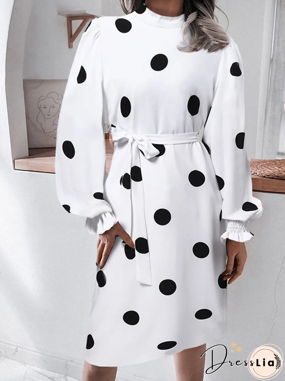 Dot Print Puff Long Sleeve Shirred Stand Collar Dress With Belt