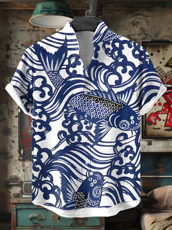 Men's Japanese Art Fish Sea Wave Pattern Short Sleeve Shirt