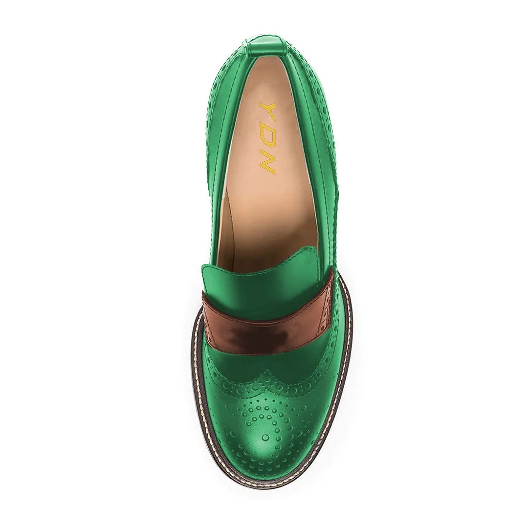 YDN Green & Brown Brogue Style Chunky Heeled Loafers Women