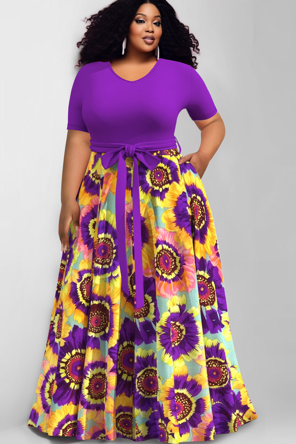 Design Plus Size Casual Purple Floral Round Neck Short Sleeve Wrap Pocket Maxi Dresses [Pre-Order]