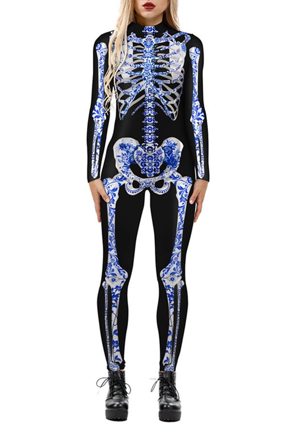 High Neck Skeleton Print Halloween Jumpsuit Sapphire Blue-elleschic