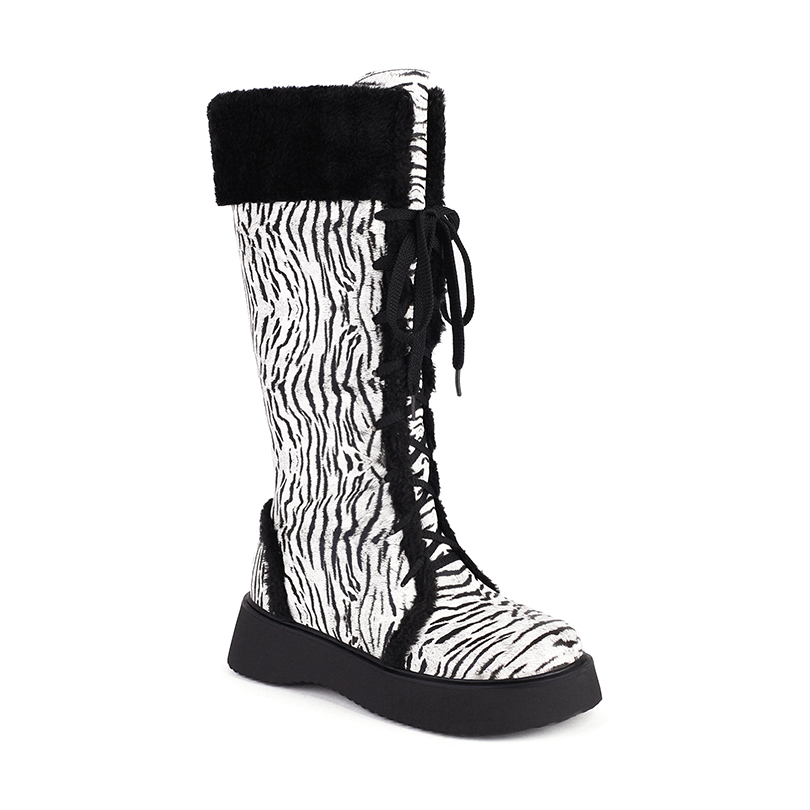 GOOSHOE Faux Fur Patchwork PU Zebra Patterned Knee High Boots With Flat Heels Thick Soles For Warm Lining With Cow Pattern Boots