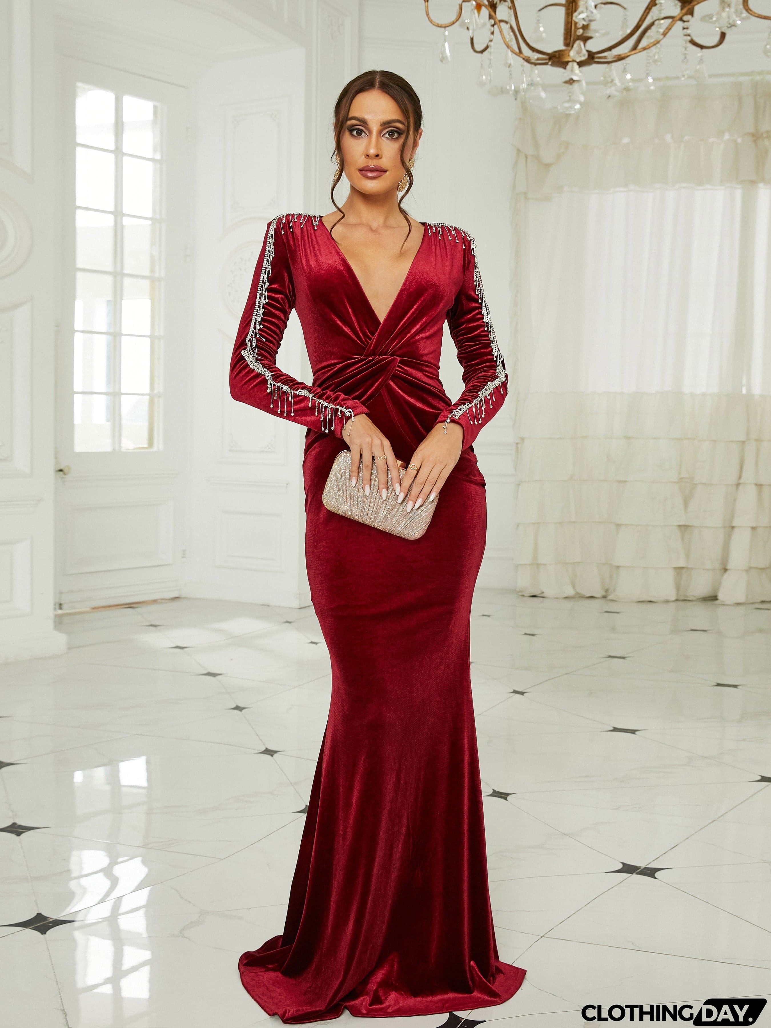 Deep V-neck Ruched Velvet Mermaid Dress XJ2653