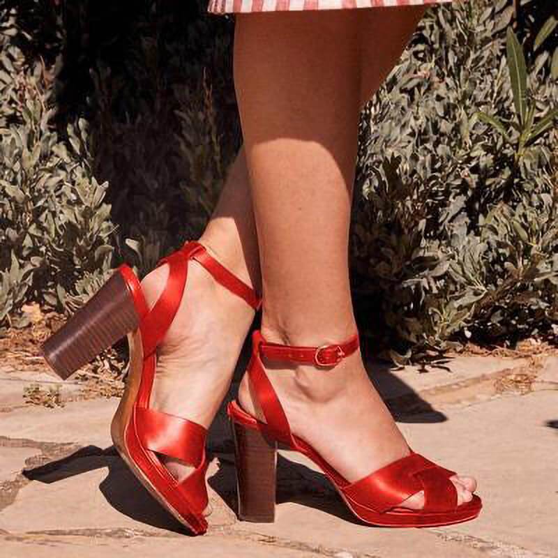TAAFO Peep Toe Leather Buckle High Chunky Heel Sandals